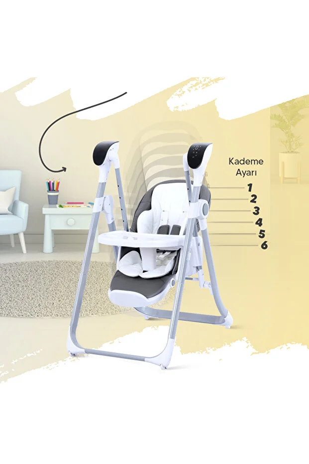 Enjoy Elektrikli 2'si 1 arada Mama Sandalyesi & Bebek Salıncağı | Katlanabilir, Kumandalı Gri